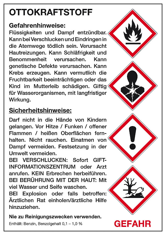 Aufkleber: Produktbeschreibung Ottokraftstoffe